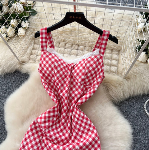 Mori Plaid Printed Lace Slip Dress