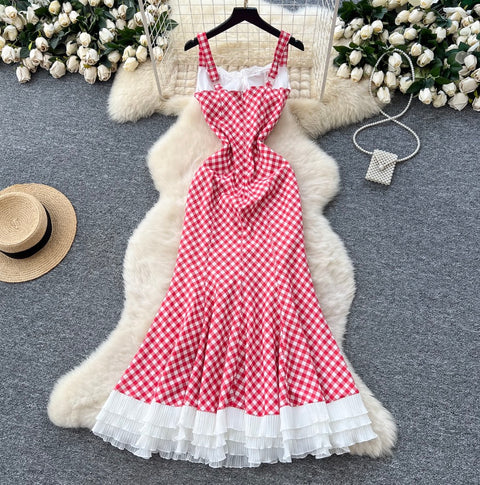 Mori Plaid Printed Lace Slip Dress