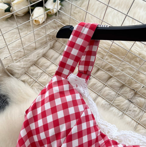 Mori Plaid Printed Lace Slip Dress