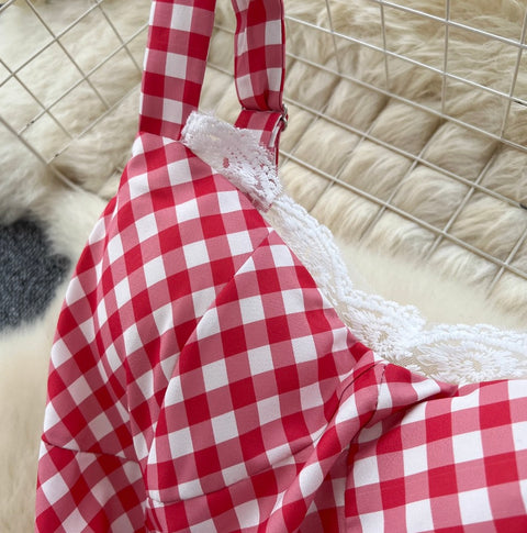 Mori Plaid Printed Lace Slip Dress