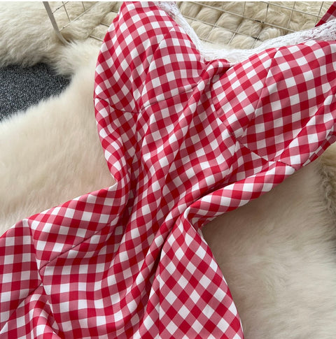 Mori Plaid Printed Lace Slip Dress