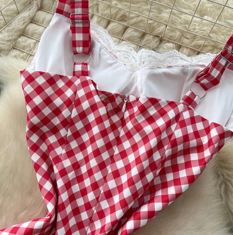 Mori Plaid Printed Lace Slip Dress