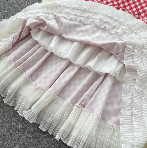 Mori Plaid Printed Lace Slip Dress