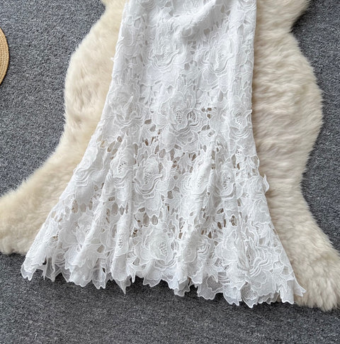Elegant Hollowed Crochet White Dress