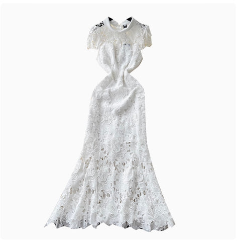 Elegant Hollowed Crochet White Dress