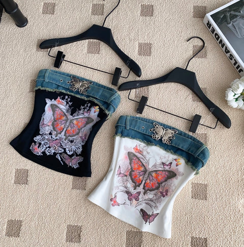 Chic Denim Patchwork Printed Camisole