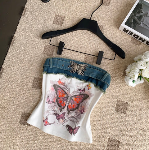 Chic Denim Patchwork Printed Camisole