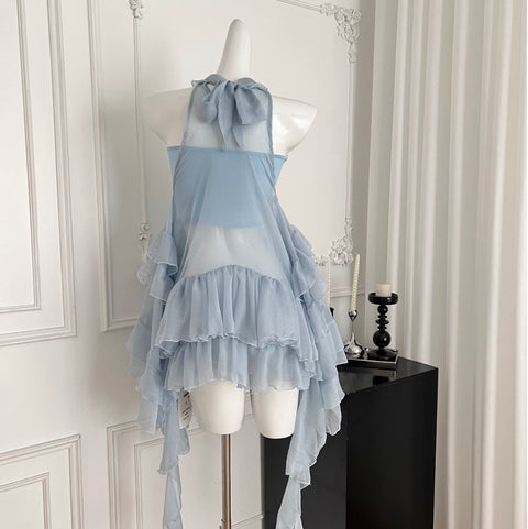 Irregular Design Fairy Blue Halter Dress