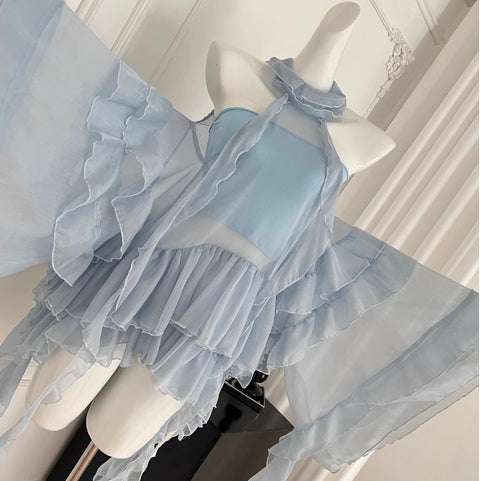 Irregular Design Fairy Blue Halter Dress