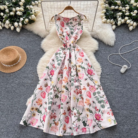 French Style Sleeveless Puffy Floral Dress