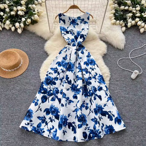 French Style Sleeveless Puffy Floral Dress