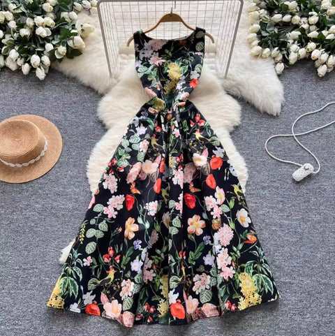 French Style Sleeveless Puffy Floral Dress