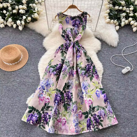 French Style Sleeveless Puffy Floral Dress