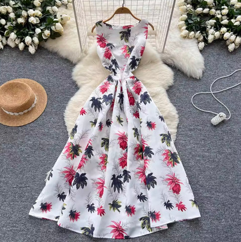 French Style Sleeveless Puffy Floral Dress