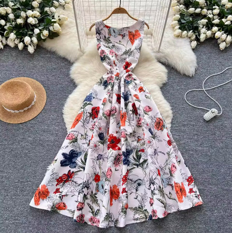 French Style Sleeveless Puffy Floral Dress