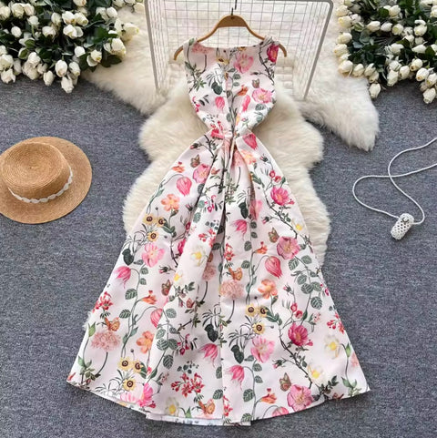 French Style Sleeveless Puffy Floral Dress