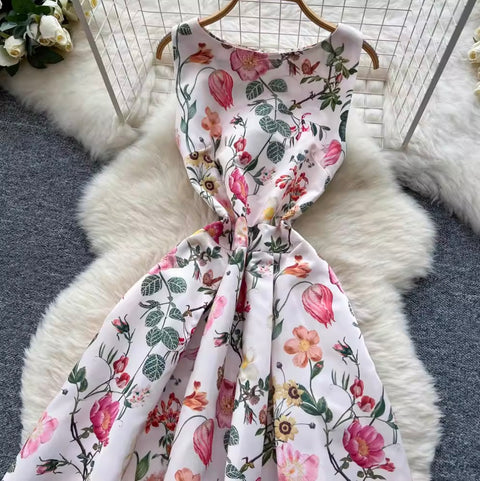 French Style Sleeveless Puffy Floral Dress
