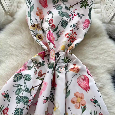 French Style Sleeveless Puffy Floral Dress