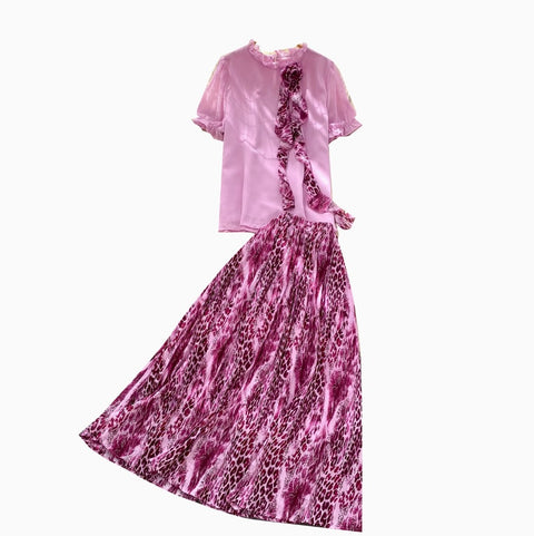 Ribbon Top & Leopard Printed Skirt 2Pcs