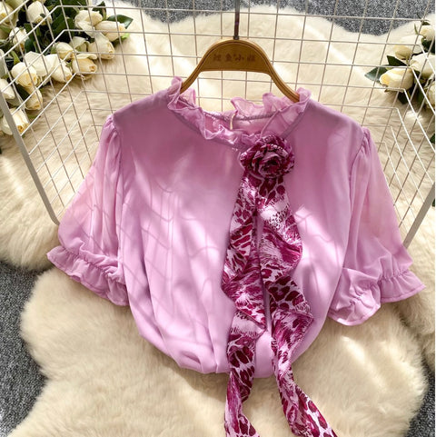 Ribbon Top & Leopard Printed Skirt 2Pcs