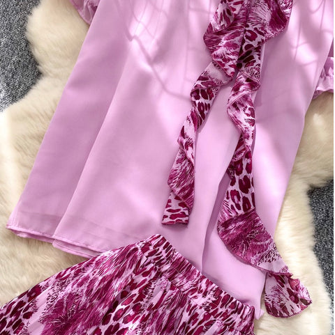 Ribbon Top & Leopard Printed Skirt 2Pcs