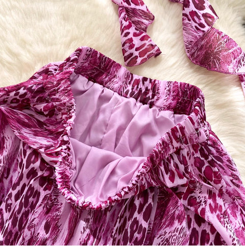 Ribbon Top & Leopard Printed Skirt 2Pcs