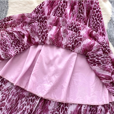 Ribbon Top & Leopard Printed Skirt 2Pcs