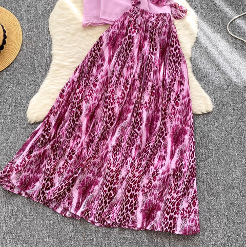 Ribbon Top & Leopard Printed Skirt 2Pcs