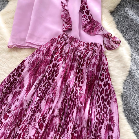 Ribbon Top & Leopard Printed Skirt 2Pcs