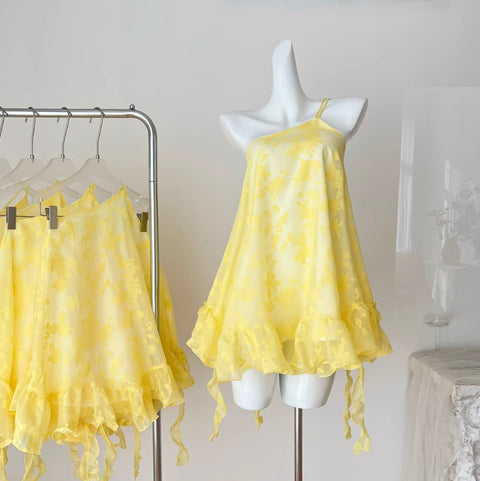 One-shoulder Yellow Flower Embroidery Dress