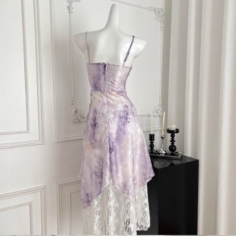 Purple Tie-dye Lace Patchwork Slip Dress