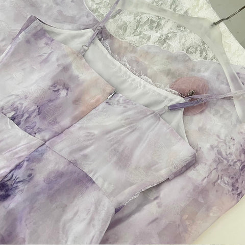Purple Tie-dye Lace Patchwork Slip Dress