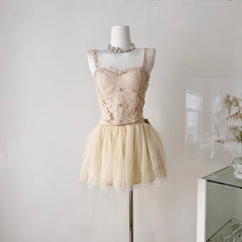 Embroidered Lace Camisole & Skirt 2Pcs