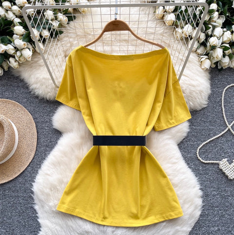 Chic Off-shoulder T-shirt with Belt