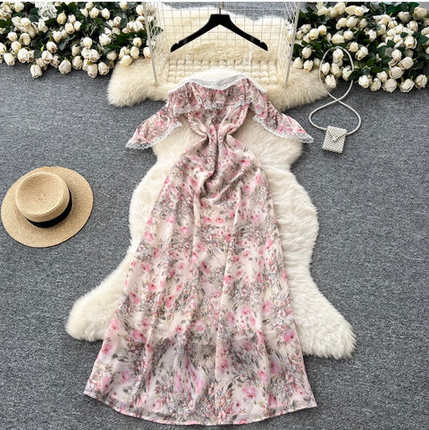 Lace Patchwork Floral Chiffon Dress