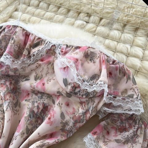 Lace Patchwork Floral Chiffon Dress