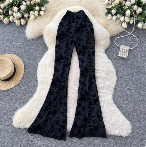 Stretchy Flocked Print Flared Trousers