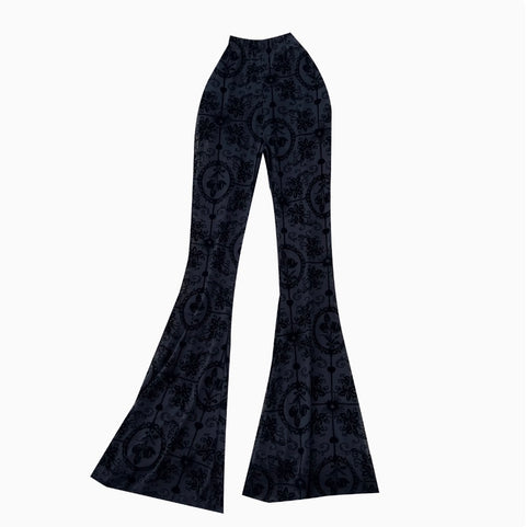 Stretchy Flocked Print Flared Trousers