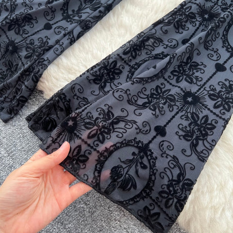 Stretchy Flocked Print Flared Trousers