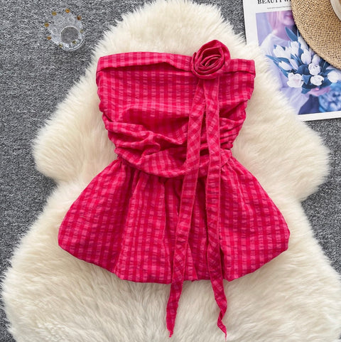 Off-shoulder Plaid Printed Ruffled Top