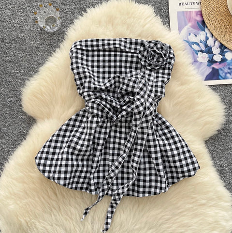 Off-shoulder Plaid Printed Ruffled Top