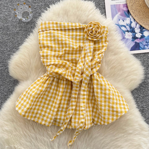 Off-shoulder Plaid Printed Ruffled Top