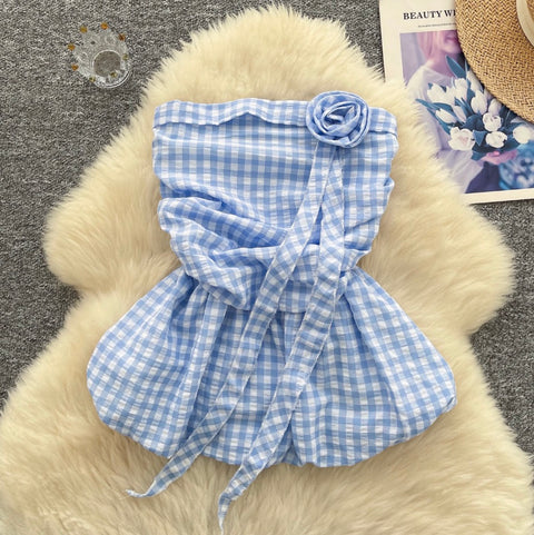 Off-shoulder Plaid Printed Ruffled Top