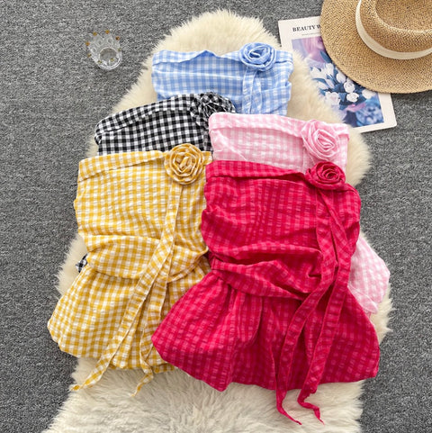 Off-shoulder Plaid Printed Ruffled Top