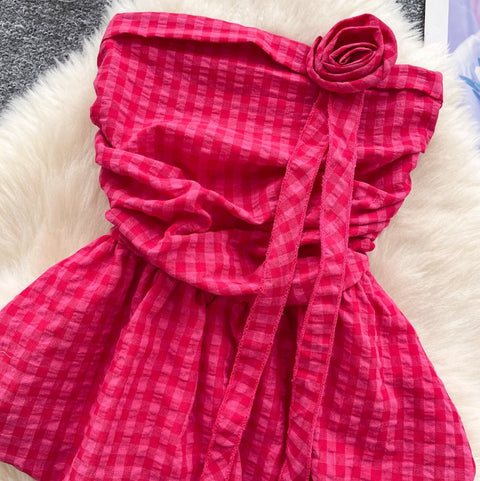 Off-shoulder Plaid Printed Ruffled Top