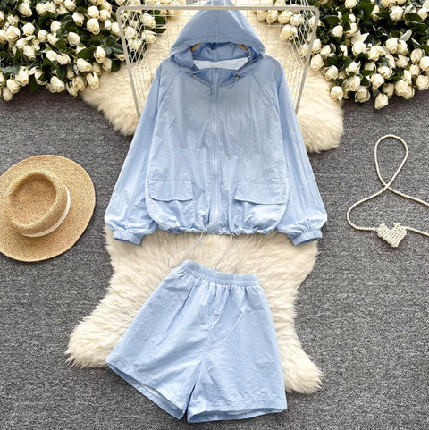 Drawstring Hoodie & Shorts Casual 2Pcs