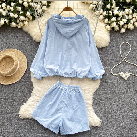 Drawstring Hoodie & Shorts Casual 2Pcs