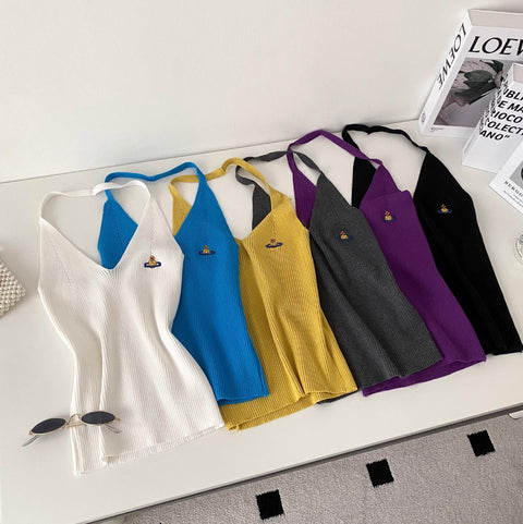 V-neck Embroidery Slim Halter Knitwear