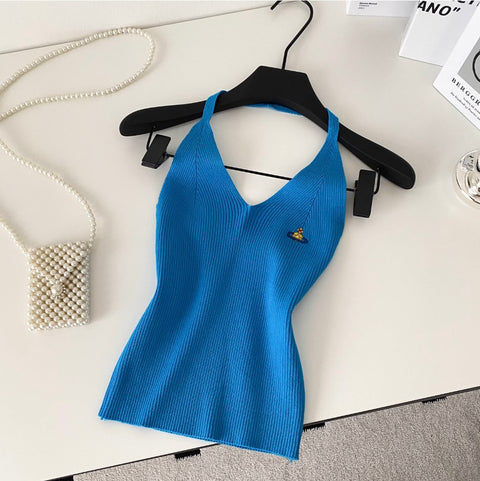 V-neck Embroidery Slim Halter Knitwear