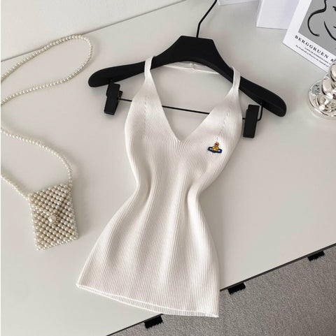 V-neck Embroidery Slim Halter Knitwear
